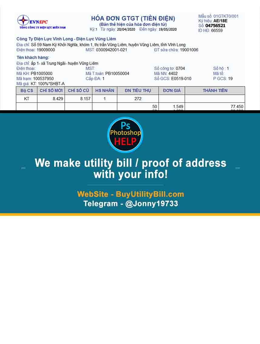 Vietnam Fake Utility Bill Sample
